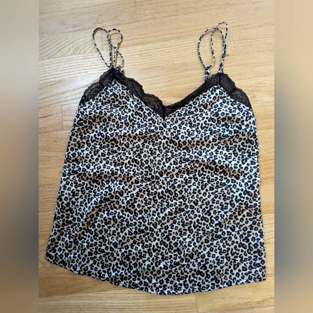 Abercrombie & Fitch Cami Top Leopard Print Lace Trim Sleeveless V-Neck, size XS
